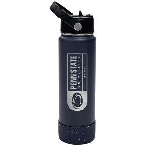 navy stainless steel water bottle with rubber base, carry handle, and Penn State University Est. 1855 Athletic Logo graphic